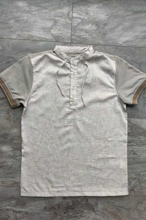 Pamuklu Ekru kendinden desenli yakalı slimfit tişört